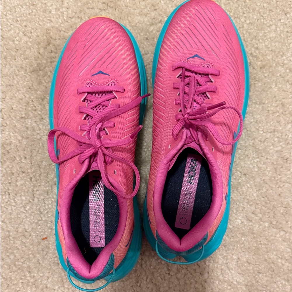 Hoka One Pink and Teal Athletic Shoes